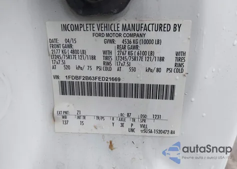 2015 Ford F-250 Xl from USA, damaged, VIN 1FDBF2B63FED21669